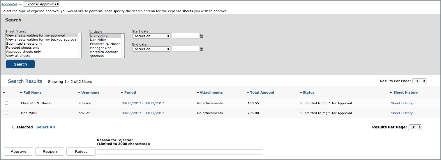 Approving Expense Sheets