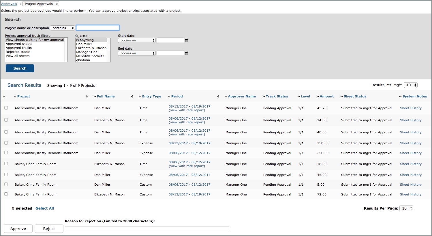 Approving Project Entries