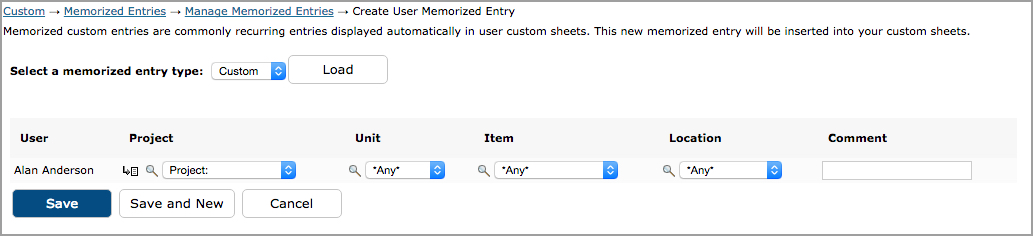 Memorized Time Entries