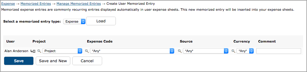 Memorized Time Entries
