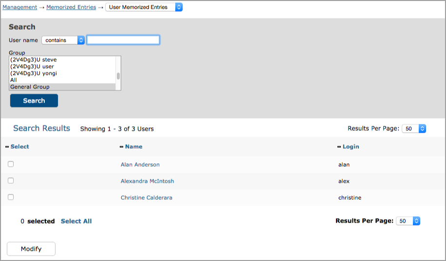 User Memorized Entries main page