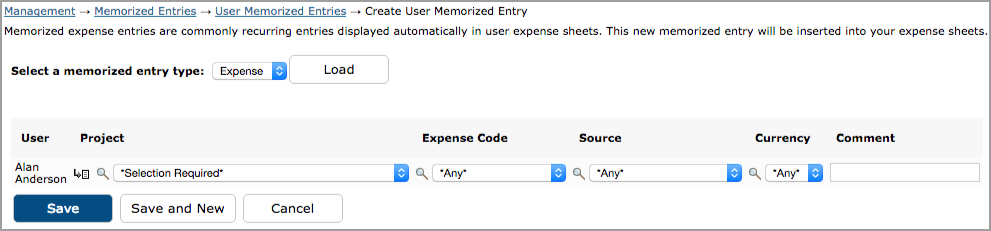 User Memorized Expense Entries