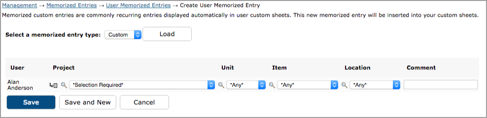 User Memorized Custom Entries