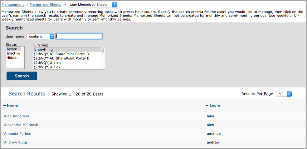 User Memorized Sheets main page