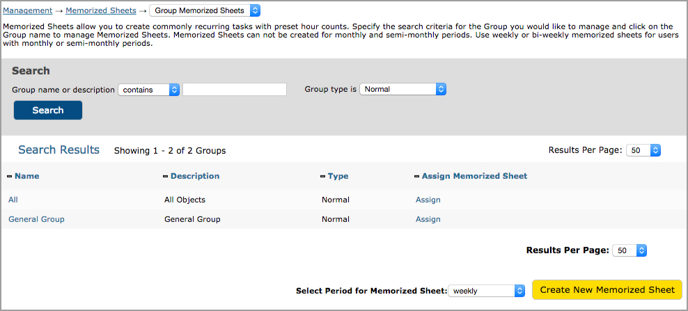 Group Memorized Sheets main page