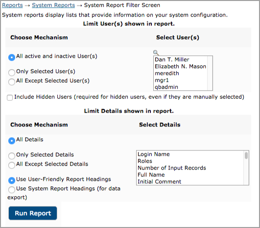 System Reports filters