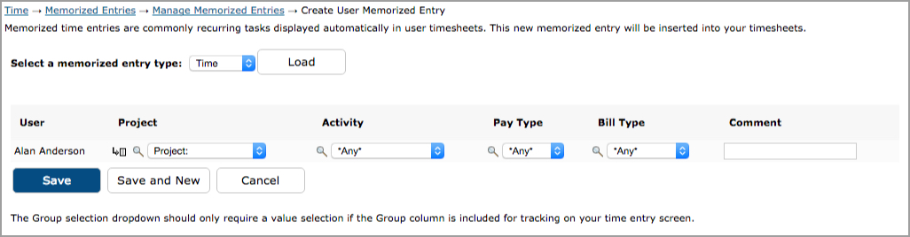 Memorized Time Entries