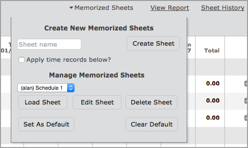 Memorized Sheet options