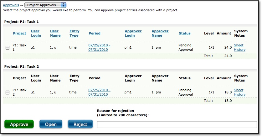 Approving Project Entries