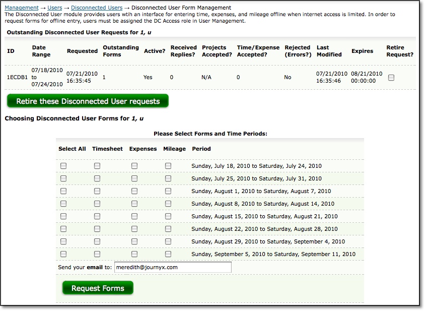 Disconnected User Form Management screen