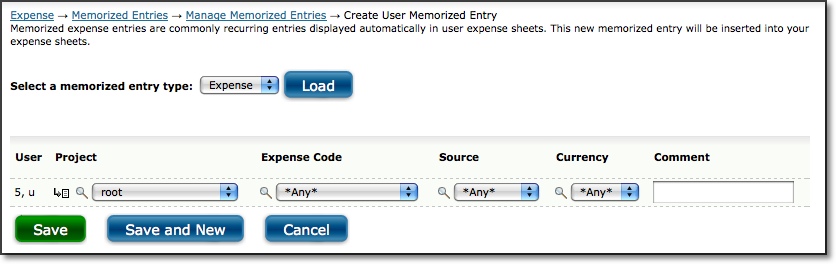 Memorized Expense Entries
