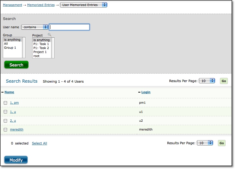 User Memorized Entries main page
