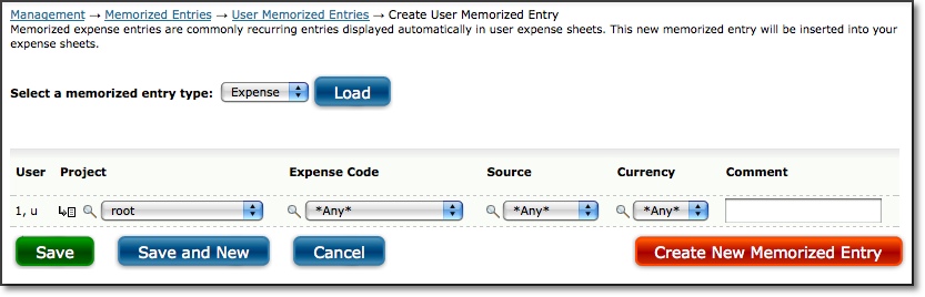 User Memorized Expense Entries