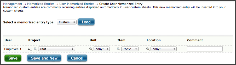 User Memorized Mileage Entries