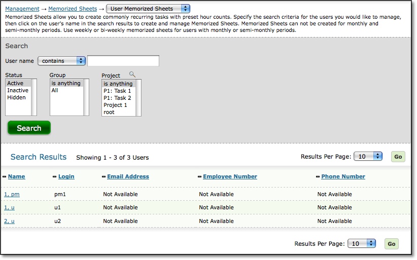 User Memorized Sheets main page