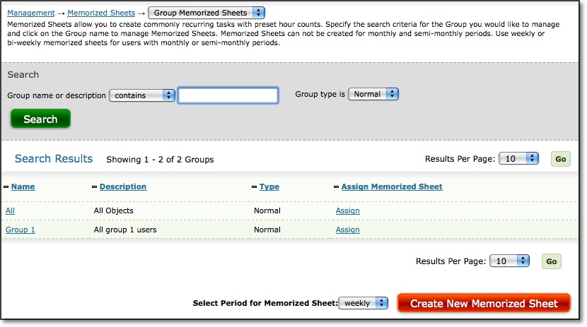Group Memorized Sheets main page