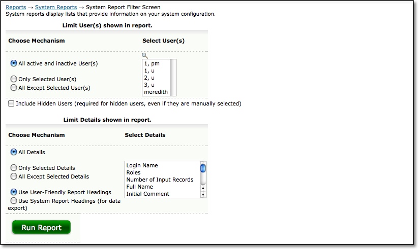 System Reports filters