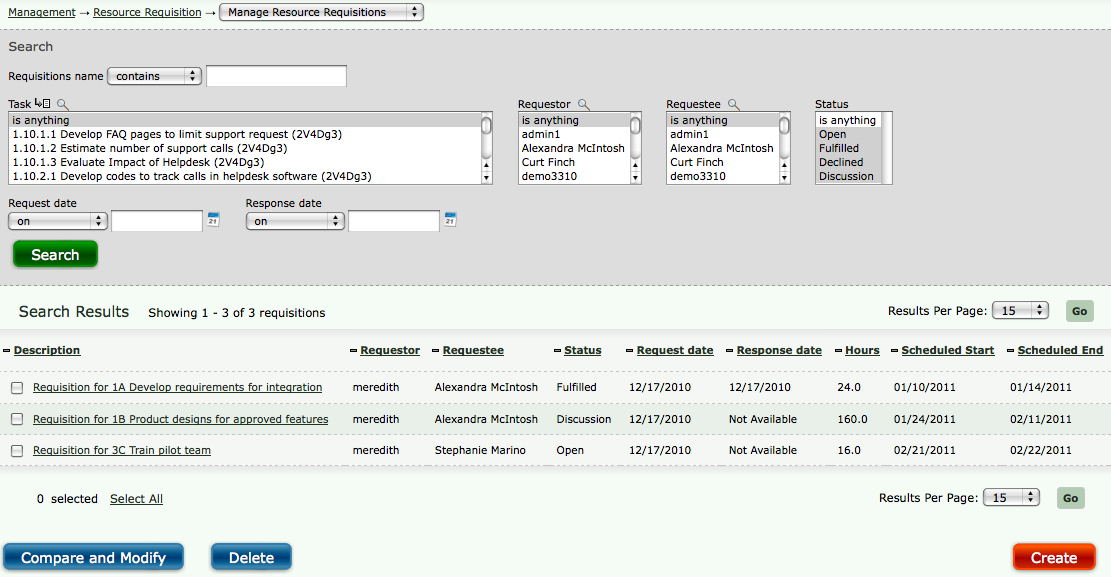 Resource Requisition Management main page