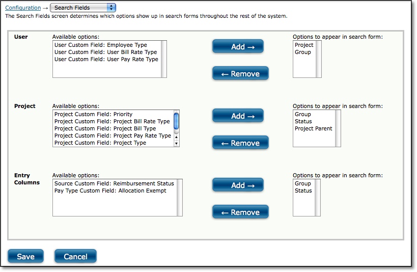 Search fields management